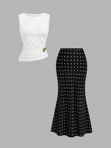 Sweetra Damen Metall-Dekor Weste und Polka-Dot-Muster Meerjungfrau-Rock Elegantes Set - Schwarz und Weiss - Übersicht 1