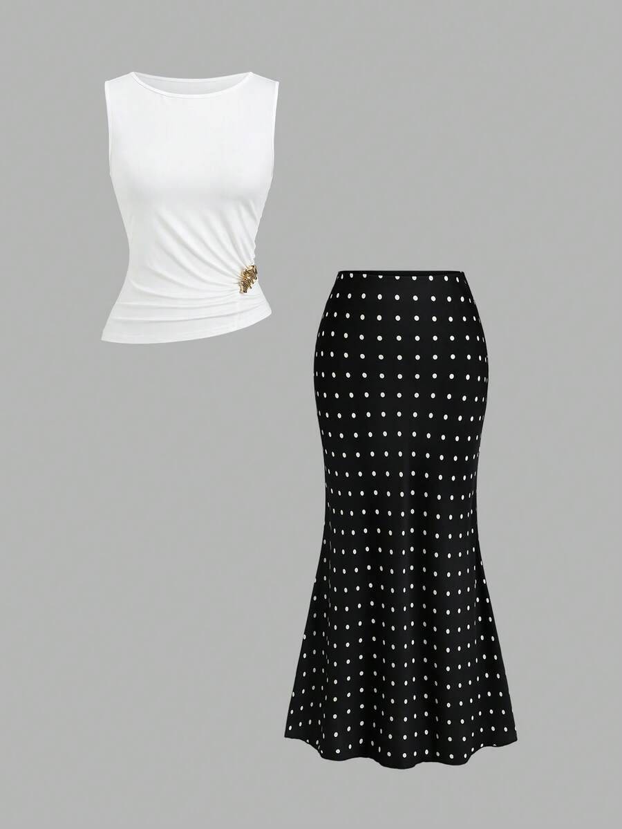 Sweetra Damen Metall-Dekor Weste und Polka-Dot-Muster Meerjungfrau-Rock Elegantes Set - Schwarz und Weiss - Übersicht 1