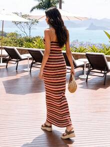 Nöista Colorful Crhet Striped Halter-Neck Maxi Dress With A Fitted Silhouette And Hand-Knitted Stripes, Perfect For Summery Bohemian Or Retro Vacation Look - Red - View 3