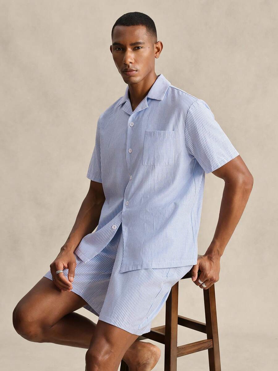 EverLounge Men's British Red And White Striped Loungewear Set Vacation Summer Casual - Blue and White - View 1