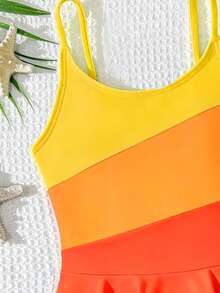 SHEIN Young Girl Color Block Spaghetti Strap One-Piece Swimsuit, Suitable For Beach Vacation, Pool Party, Beach Party - Orange - View 3
