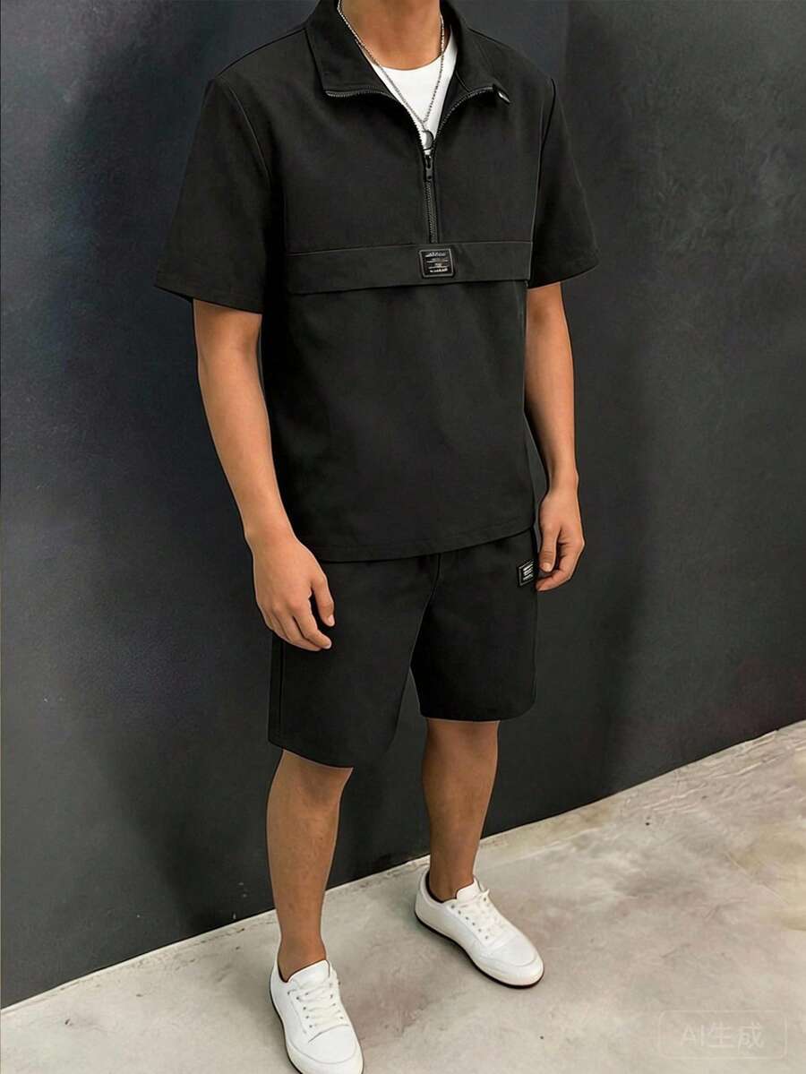 SHEIN Set da 2 pezzi per ragazzi pre-adolescenti, camicia casual con colletto e mezza chiusura lampo a maniche corte & pantaloncini, outfit nero e grigio estivo adatto per scuola, matrimonio, festa delle vacanze - Bianco e nero - View 1