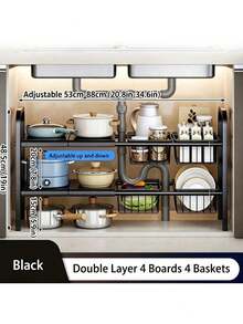 1 Juego de Estantes de Almacenamiento Retráctiles de Una y Dos Capas para Fregadero - Estante de Cesta Metálica Desmontable, Estante de Almacenamiento Multifuncional Negro Ahorrador de Espacio Adecuado para Cocina y Baño - Negro - Ver 13