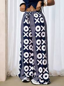 BamGleam Fashionable Casual Commuter City Break Vacation Wave Pattern Symbol Print Wide Leg Long Pants Navy Blue And White Autumn Vacation - Multicolor - View 5