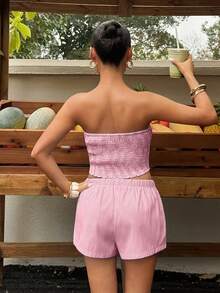 Sunnyshic Atasan Bandeau Katun Bergaris Biru & Putih dengan Lipatan Belakang, Plaket Kancing Palsu Depan, Hem Asimetris, dan Set Pinggang Rendah untuk Wanita, Musim Semi/Panas, Liburan, Pantai, Elegan, Perjalanan, Minimalis, Manis, Imut, Belanja, Kencan, Serbaguna untuk Sehari-hari - Merah - View 2