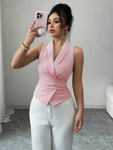 SHEIN Clasi 女款無袖V領收腰綁帶蝴蝶結優雅休閒襯衫，粉色與白色條紋，適合早午餐與夏季 - 彩色 - 查看 1