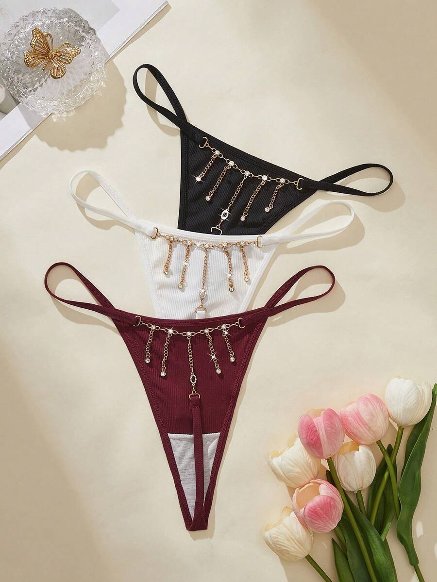 SHEIN Women's 3pcs Set Rhinestone Chain Back Strap Thong Panties - Multicolor - View 1
