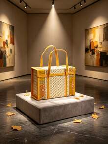 1Pc Foldable Camp Storage Basket Woven From Bamboo, Batik Cloth Covered, Picnic Basket, Rural Style. - yellow and white - View 8