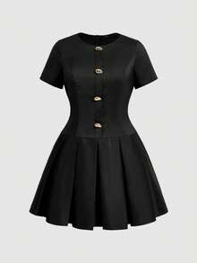 SHEIN MOD Plus Size Pleated Mini Short Sleeve Dress Formal Black Summer Elegant - Black - View 8