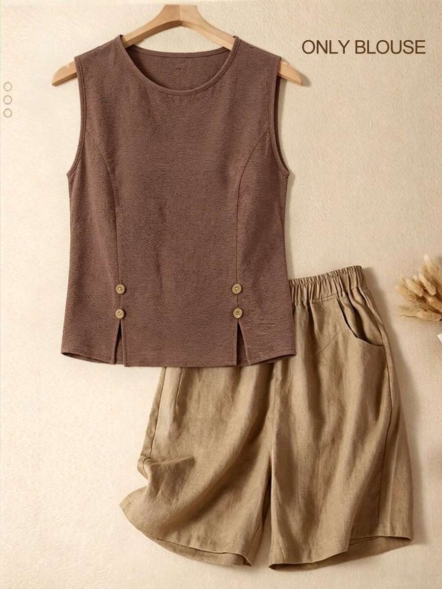 EMERY ROSE Women's Solid Color Button Front Split Hem Shirt, Versatile Summer Vacation,Summer Top - Brown - View 1