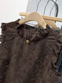 GlowEve CURVE Plus Size Women Comfortable Fitted Embroidered Ruffle Hem Blouse, Casual/Work Wear, Suitable For Daily Outing, Commuting, Dating, Spring & Summer - Brown - View 4
