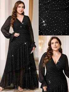Reflora Vestido con volantes y pliegues con aplicaciones de diamante de imitación para mujer de talla grande, adecuado para boda en la playa - Negro - Ver 2