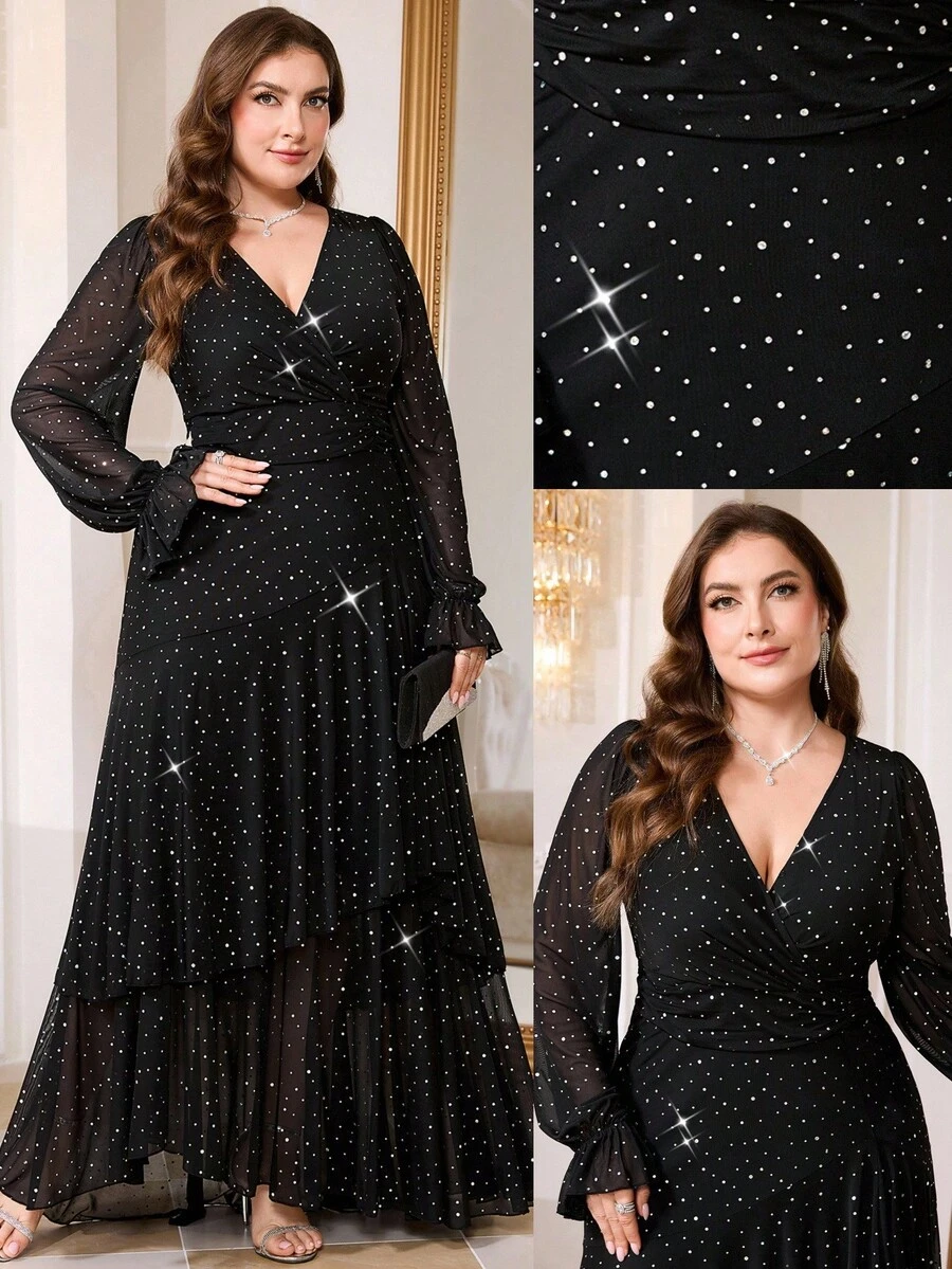 Reflora Vestido con volantes y pliegues con aplicaciones de diamante de imitación para mujer de talla grande, adecuado para boda en la playa