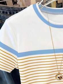 Tween Girls Casual Comfortable Fashionable Minimalist Versatile Personalized Striped Bow Pattern Print T-Shirt Casual Style Spring Summer Short Sleeve T-Shirt Striped Contrast Color Slim Fit Top Daily Wear Suitable For Spring Summer Autumn Tops - Multicolor - View 4