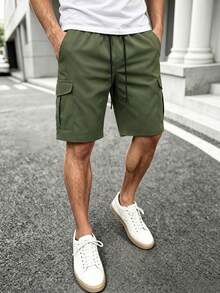 Manfinity CasualCool 男士素色抽繩腰時尚休閒短褲 - 軍綠色 - 查看 5