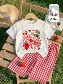 SHEIN LMoss Kids 女嬰針織素色圓領短袖上衣與格紋寬腿長褲兩件套 - 彩色 - 查看 3