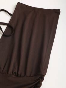 Sweetra Women's New Fashion Versatile Knit V-Neck T-Shirt, Waist Drawstring, Front & Back V-Neck, Shoulder Sleeve Design - Brown - View 4