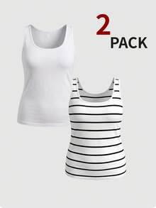 SHEIN BASICS 大尺碼女款純色與條紋方領修身休閒百搭背心 - 彩色 - 查看 2