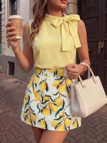 Conjunto Mujer Ajustado Minimalista Top con Lazo y Falda Lunares Primavera Verano - Blanco - Ver 9
