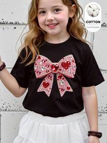 Spring Summer Autumn Girls Toddler Fashion Creative Refreshing Glitter Pink Bow Shape Pattern Print Casual Basic Short Sleeve T-Shirt - Black - View 3