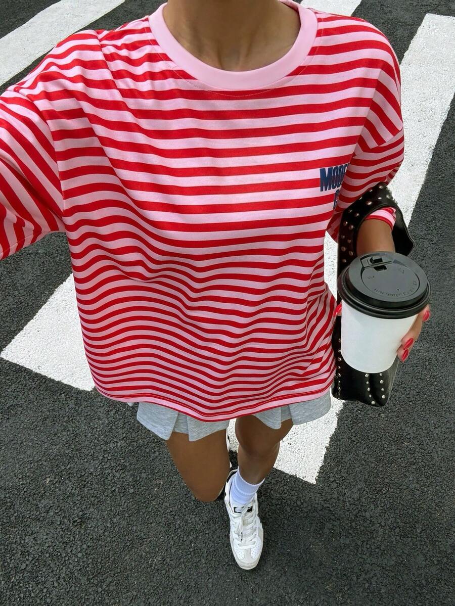 青少年女孩休閒時尚紅色條紋拼色字母短袖圓領T恤,適合夏季,甜美風,時髦酷女孩 - 彩色 - 查看 1