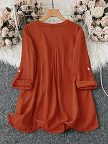 SHEIN Clasi 大尺碼女款素色缺口V領休閒百搭日常外出襯衫 - 橘色 - 查看 2