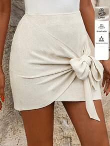 SHEIN Clasi 女士夏季亚麻蝴蝶结休闲裙 - 米色 - 查看 1
