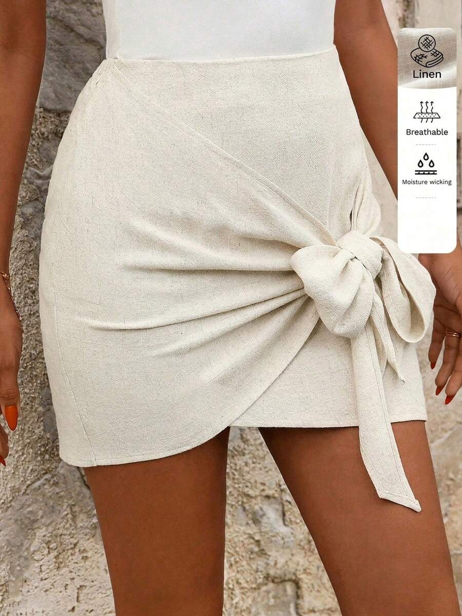 SHEIN Clasi 女士夏季亚麻蝴蝶结休闲裙 - 米色 - 查看 1