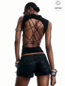 LYSMO 2026 New Arrive Minimalism Women's Summer Sexy Solid Color Backless Cropped Tank Top Night Out Black - Black - View 1