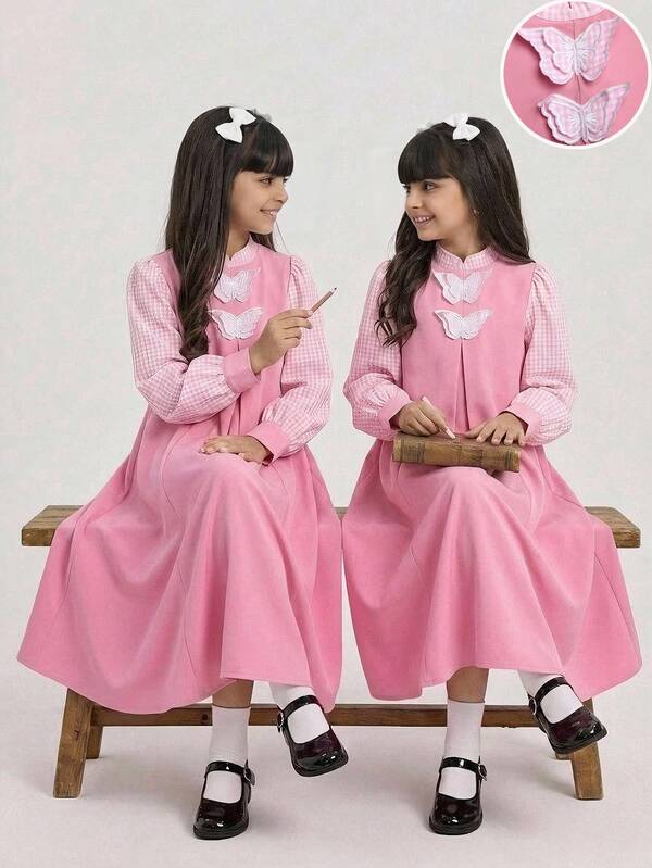 Tween Girl Tween Girl Casual Everyday Versatile Comfortable Small Stand Collar Bow Solid Color Patchwork Plaid Dress