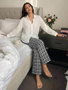 DAZY Women's Loose Drop Shoulder Long Sleeve Semi-Sheer Shirt And Plaid Print Pants Pajama Set, Spring/Autumn - White - View 1