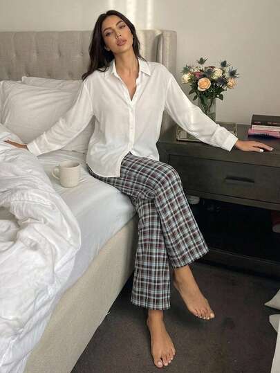 DAZY Women's Loose Drop Shoulder Long Sleeve Semi-Sheer Shirt And Plaid Print Pants Pajama Set, Spring/Autumn