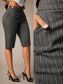 Radiana Women's Summer Casual Business Casual Fashion Minimalist Grey Striped Suit Pants, 3/4 Length Slim Fit Suit Shorts, Low Waist 5/10 Length Pants, Work - Grey - View 1