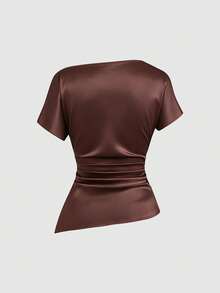 Sweetra Summer New Fashion Design French Elegant Satin-Feel Asymmetric Shoulder Waist Pleat Cinched Cinched Waist Hem Split Asymmetrical Women's Pink Blouse Elegant Commute - Brown - View 2
