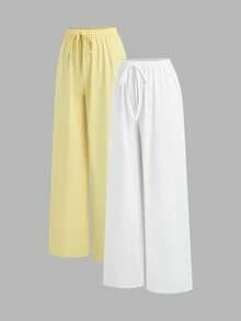 SHEIN Unity Women's New Fashion Versatile Low Waist Straight Leg Wide Leg Pants Long Pants Light Yellow + White 2 Pieces Set - Multicolor - View 4