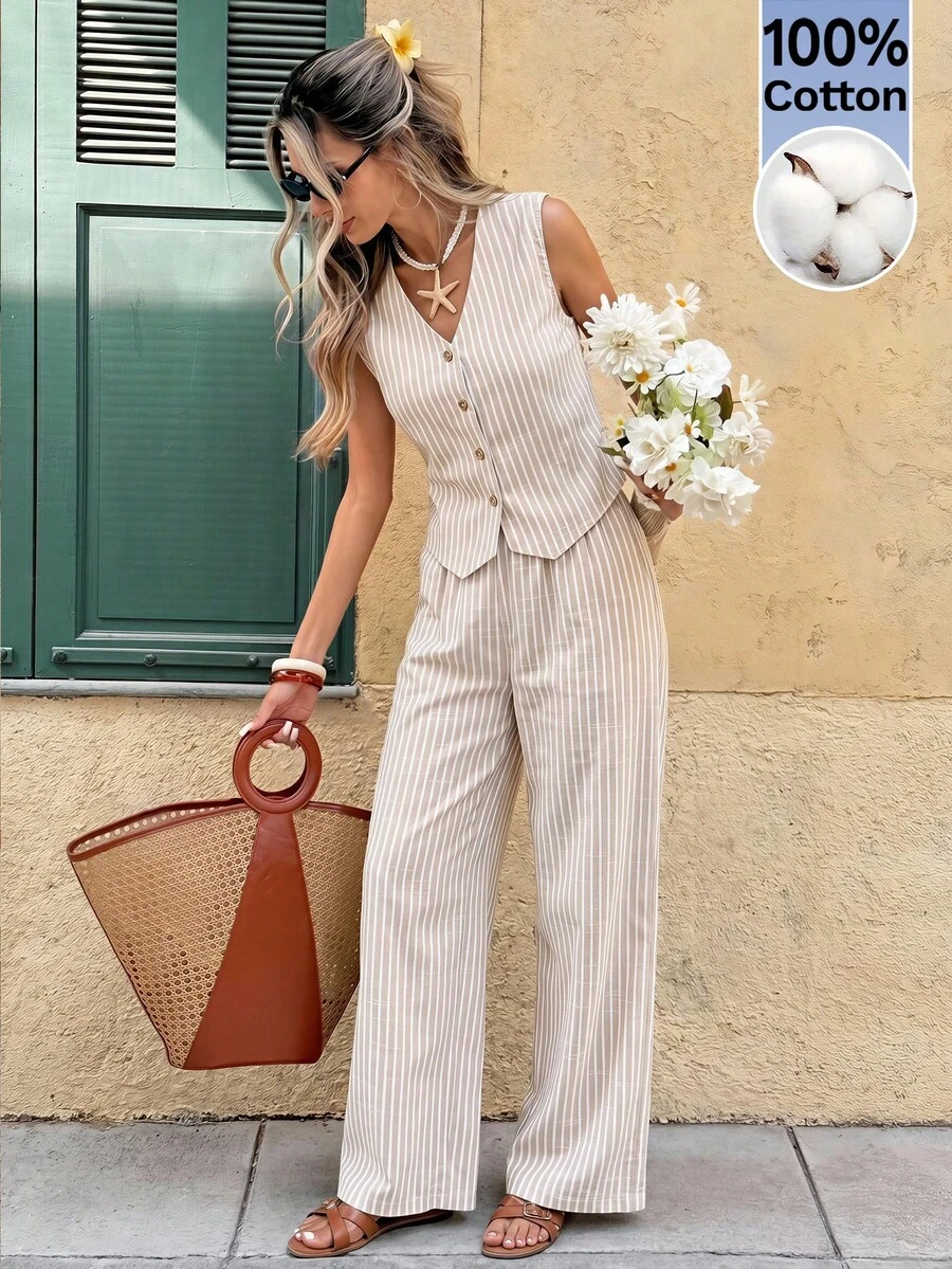 Serisse Women's Striped Single-Breasted Vest And Pants Casual Two Pieces Set
