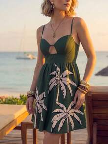 CAJUNI Women's Coconut Tree Print Halter Neck Casual Party Travel Mini Dress - Green - View 3