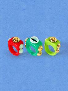 Popjeli 3 piezas 1 set de anillos cuadrados de resina personalizados con ojo de diablo, joyería de mujer de estilo punk de verano apilada y neutra, adecuada para fiestas y vacaciones - Multicolor - Ver 16