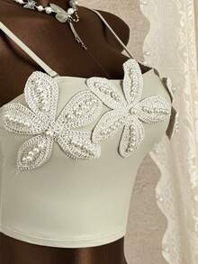 Bonvoyette Damen einfarbiges Stoff-Tanktop mit Blumenakzent, Bandeau-Bauchkontroll-Top und quadratische Shorts, 2 Stücke Badeanzug-Set für tägliche Strandpartys, lässige Urlaube, einfach und elegant - Khaki - Übersicht 8