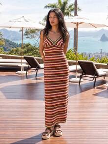 Nöista Colorful Crhet Striped Halter-Neck Maxi Dress With A Fitted Silhouette And Hand-Knitted Stripes, Perfect For Summery Bohemian Or Retro Vacation Look - Red - View 7
