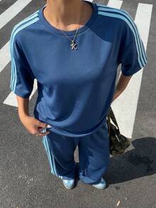 Muchica 女款夏季新款復古棕色織帶拼接休閒寬鬆兩件套 - 藏蓝色 - 查看 4