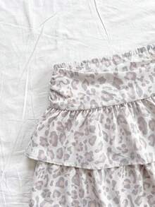 SHEIN Girlism Tween Girl Casual Street Style Vintage Leopard Print Ruched Double Layered Ruffled Hem Cute Mini Casual Skirt, - Multicolor - View 4