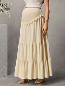 Momance Off-White Maternity Skirt, High Waist Belly Support Design, Multi-Layer Ruffle Patchwork, Flowy Chiffon Material, Loose Cake Hem,  Fall, Baby Shower - Apricot - View 5