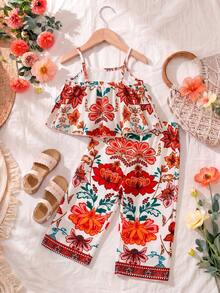 SHEIN Playful Pals 2件/組 幼女波希米亞風白色彩色花卉印花吊帶上衣+長褲套裝 夏季趣味度假假日穿搭 舒適休閒服 - 彩色 - 查看 3