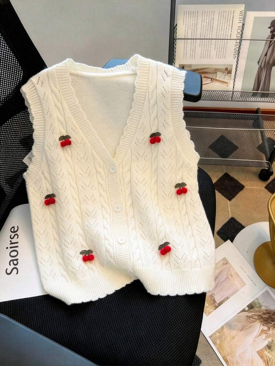 GlowEve CURVE Plus Size Elegant Cute Cherry V-Neck Sleeveless Button-Up Cardigan Vest Club Vacation White Summer - Beige - View 1