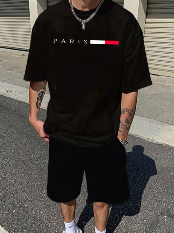 HSHCJ Set Hombre Camiseta Estampada y Shorts Aesthetic Conjunto Deportivo Minimalista Urbano Oversize Corte Holgado Outfit deportivo cómodo para caminatas largas Transpirable y Cómodo E