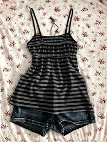 IslaSuriya Camisole Wanita Motif Garis Retro Kasual Musim Panas Gaya Y2K - Hitam - View 2