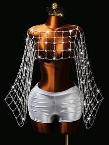 Mistrie Women's Sexy Techno Party Club Rave Top, Women's Rhinestone Party Top Silver Summer - Silver - View 4