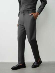 MENRIVO Pantalones de traje formales de pierna recta con bolsillos y cinturón de cintura de unicolor para hombres (Irregularidades), Ceremonia - Gris Oscuro - Ver 3