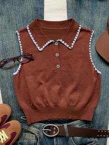 Comfortcana Women's Contrast Trim Sleeveless Knit Top Brunch Brown And Blue Summer Preppy Vintage School Everyday - Brown - View 6